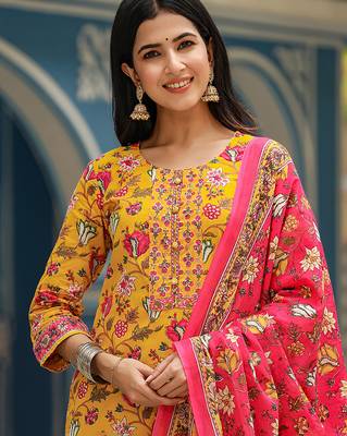 yellow color printed rayon styles kurta trouser with dupatta 1
