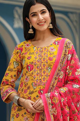 yellow color printed rayon styles kurta trouser with dupatta