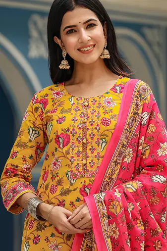 yellow color printed rayon styles kurta trouser with dupatta