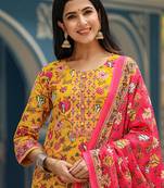yellow color printed rayon styles kurta trouser with dupatta