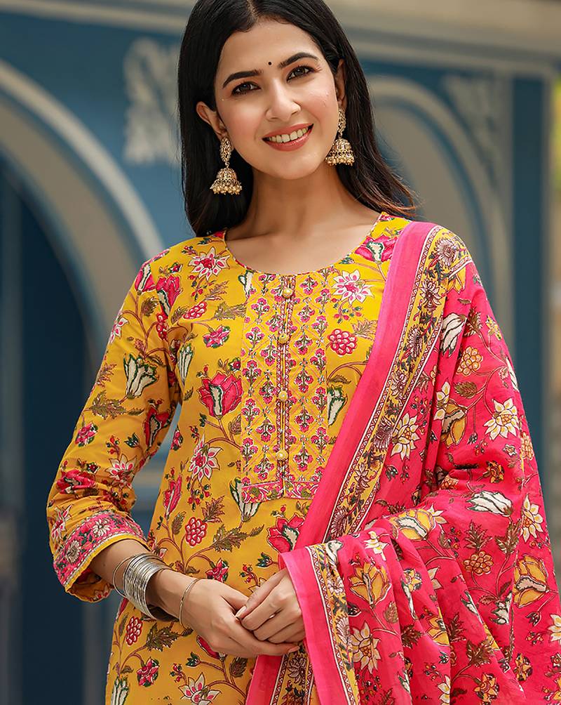 yellow color printed rayon styles kurta trouser with dupatta