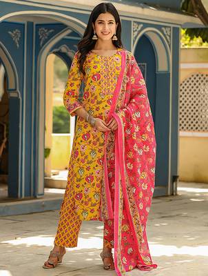 yellow color printed rayon styles kurta trouser with dupatta 2