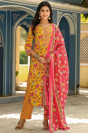 yellow color printed rayon styles kurta trouser with dupatta