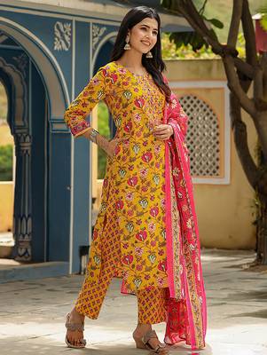 yellow color printed rayon styles kurta trouser with dupatta 3