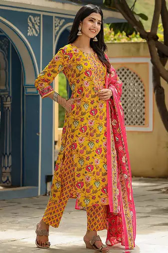 yellow color printed rayon styles kurta trouser with dupatta