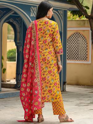 yellow color printed rayon styles kurta trouser with dupatta 4