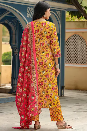 yellow color printed rayon styles kurta trouser with dupatta