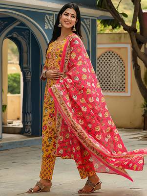 yellow color printed rayon styles kurta trouser with dupatta 5
