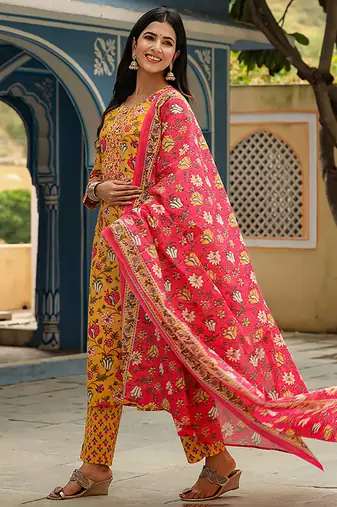 yellow color printed rayon styles kurta trouser with dupatta