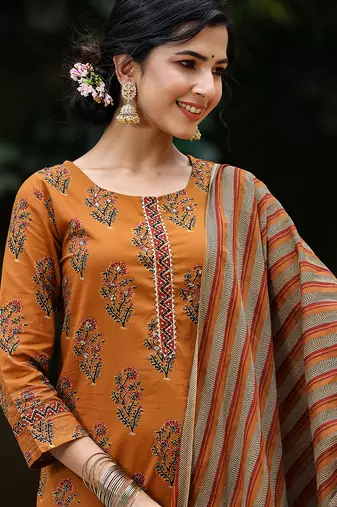 rust color printed rayon blend styles kurta trouser with dupatta