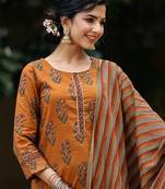 rust color printed rayon blend styles kurta trouser with dupatta
