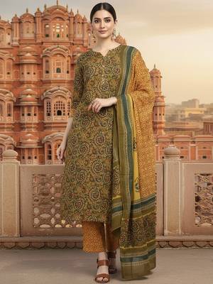 green color printed pure cotton styles kurta trouser with dupatta 1