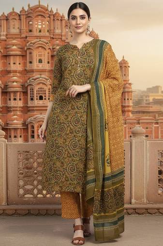 green color printed pure cotton styles kurta trouser with dupatta