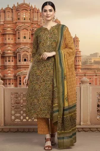 green color printed pure cotton styles kurta trouser with dupatta
