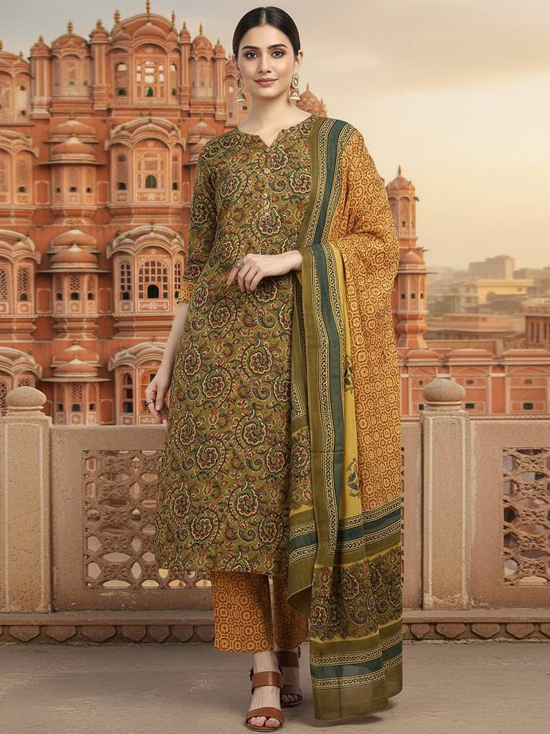 green color printed pure cotton styles kurta trouser with dupatta