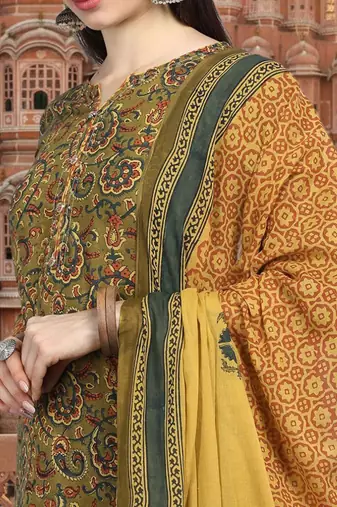green color printed pure cotton styles kurta trouser with dupatta
