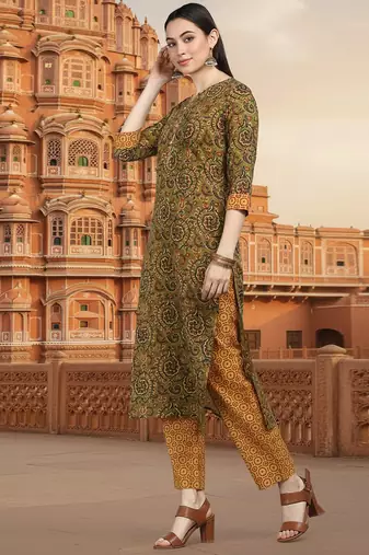 green color printed pure cotton styles kurta trouser with dupatta
