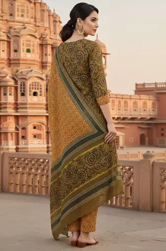 green color printed pure cotton styles kurta trouser with dupatta