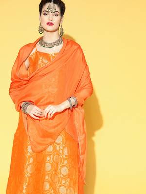 orange color woven design poly chanderi styles kurta trouser with dupatta 1