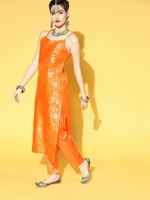 orange color woven design poly chanderi styles kurta trouser with dupatta 2