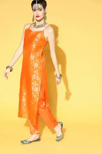 orange color woven design poly chanderi styles kurta trouser with dupatta