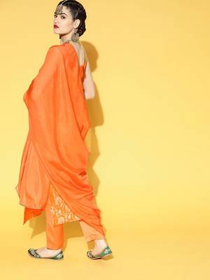 orange color woven design poly chanderi styles kurta trouser with dupatta 3