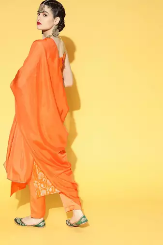 orange color woven design poly chanderi styles kurta trouser with dupatta