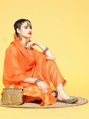 orange color woven design poly chanderi styles kurta trouser with dupatta 5