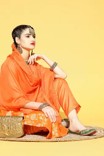 orange color woven design poly chanderi styles kurta trouser with dupatta