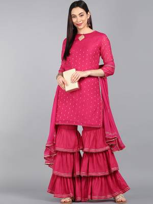 pink color woven design viscose rayon styles kurta sharara with dupatta 1