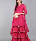 pink color woven design viscose rayon styles kurta sharara with dupatta