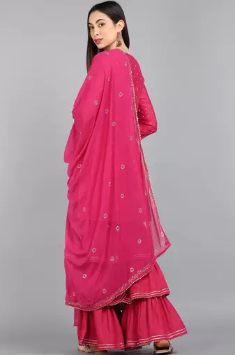 pink color woven design viscose rayon styles kurta sharara with dupatta