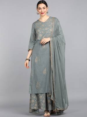 grey color printed pure cotton styles kurta palazzo with dupatta 1