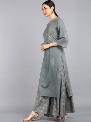 grey color printed pure cotton styles kurta palazzo with dupatta 3