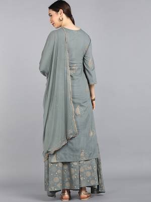 grey color printed pure cotton styles kurta palazzo with dupatta 4