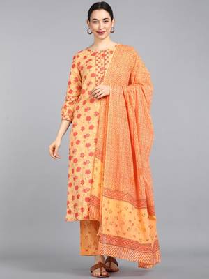 orange color printed pure cotton styles kurta trouser with dupatta 1
