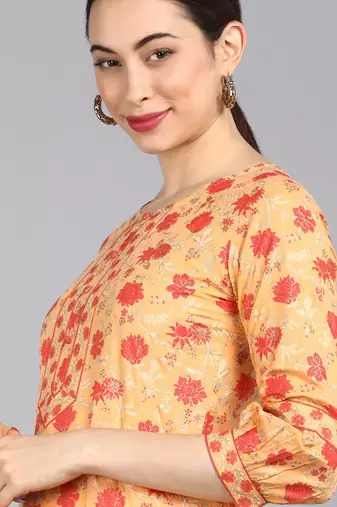 orange color printed pure cotton styles kurta trouser with dupatta