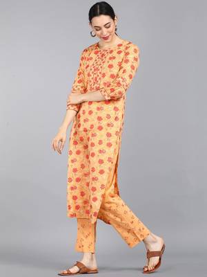 orange color printed pure cotton styles kurta trouser with dupatta 3