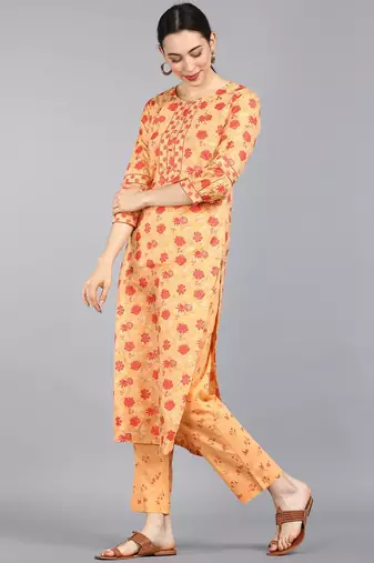 orange color printed pure cotton styles kurta trouser with dupatta
