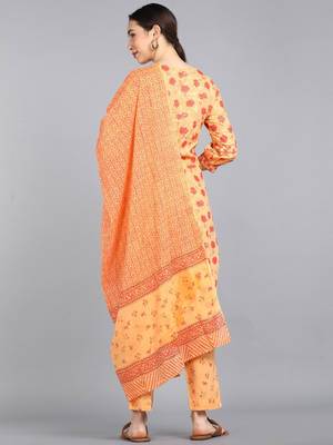 orange color printed pure cotton styles kurta trouser with dupatta 4