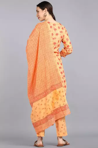 orange color printed pure cotton styles kurta trouser with dupatta