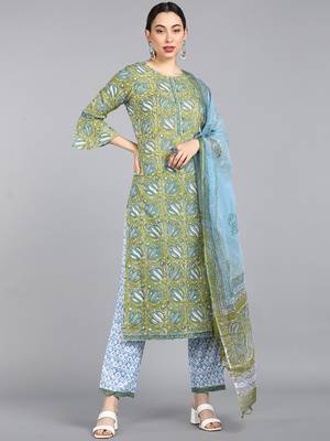 green color printed pure cotton styles kurta trouser with dupatta 1