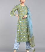 green color printed pure cotton styles kurta trouser with dupatta