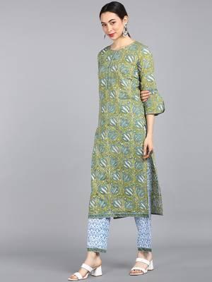 green color printed pure cotton styles kurta trouser with dupatta 3