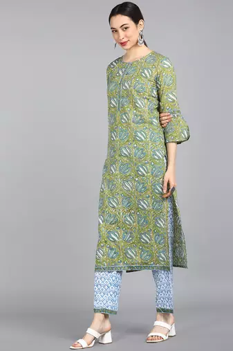 green color printed pure cotton styles kurta trouser with dupatta