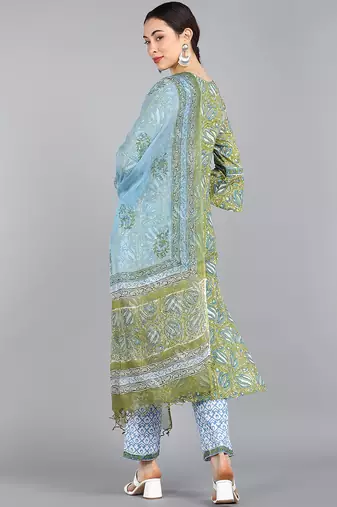 green color printed pure cotton styles kurta trouser with dupatta