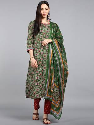 green color printed pure cotton styles kurta trouser with dupatta 1