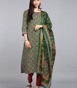 green color printed pure cotton styles kurta trouser with dupatta