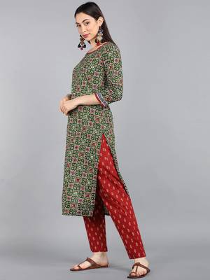 green color printed pure cotton styles kurta trouser with dupatta 3
