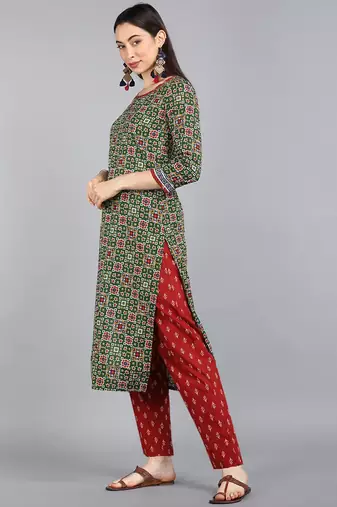 green color printed pure cotton styles kurta trouser with dupatta